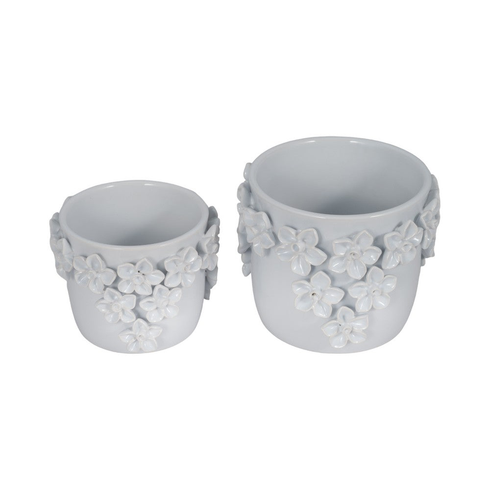 Outdoor Decorative Planter | Artful 3D Raised Floral Applique | 7" White
