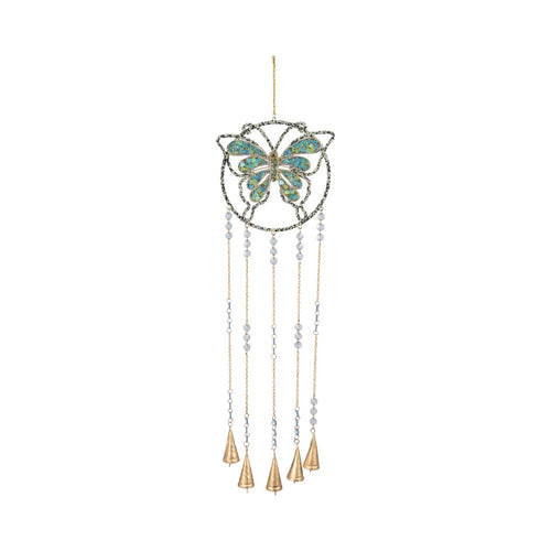 Wind Chime | Mosaic Butterfly with Gold Bells & Glass Beads | Blue Iron