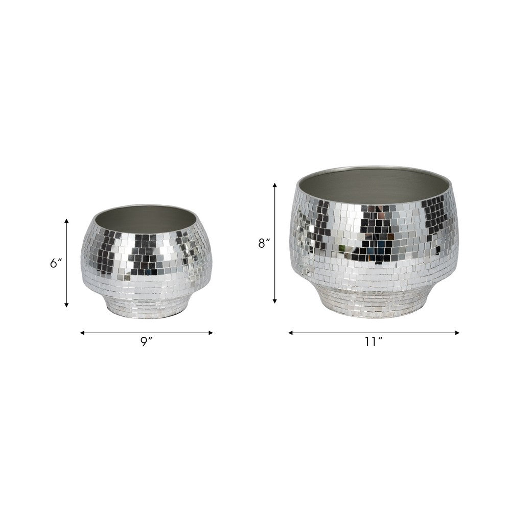 Indoor Outdoor Planter Set of 2 | Curved Disco Mosaic Design | Silver Iron