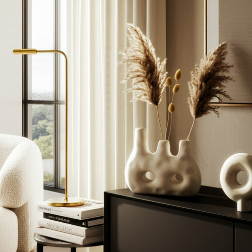 Decorative Floral Vase w 3 Abstract Openings | 11" Ivory Dolomite