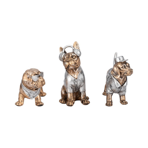 Mort Cool Dogs Decor Set of 3 | Cute Poses | Gold Polyresin 6 | 8 | 10"