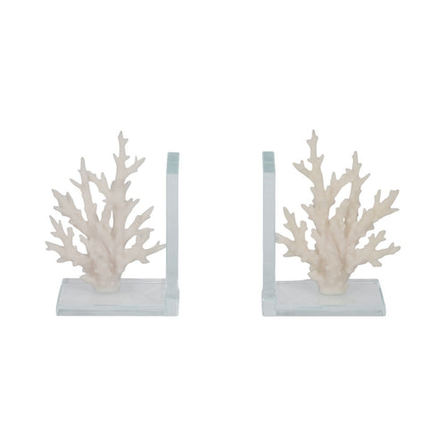 Coral Branch Bookend on Clear Glass Base Set of 2 | White Polyresin