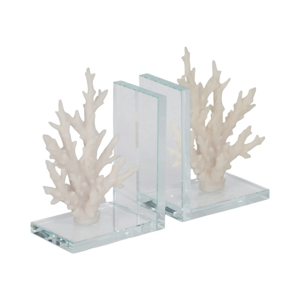 Coral Branch Bookend on Clear Glass Base Set of 2 | White Polyresin