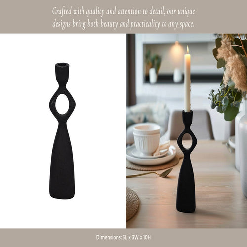 10" Taper Candle Holder | Round Open Cutout Center | Black Polyresin