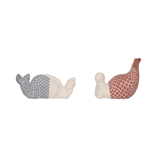 Svena Mermaid Figurines Set of 2 | Red-Blue Tails | White Cement 8 & 7"