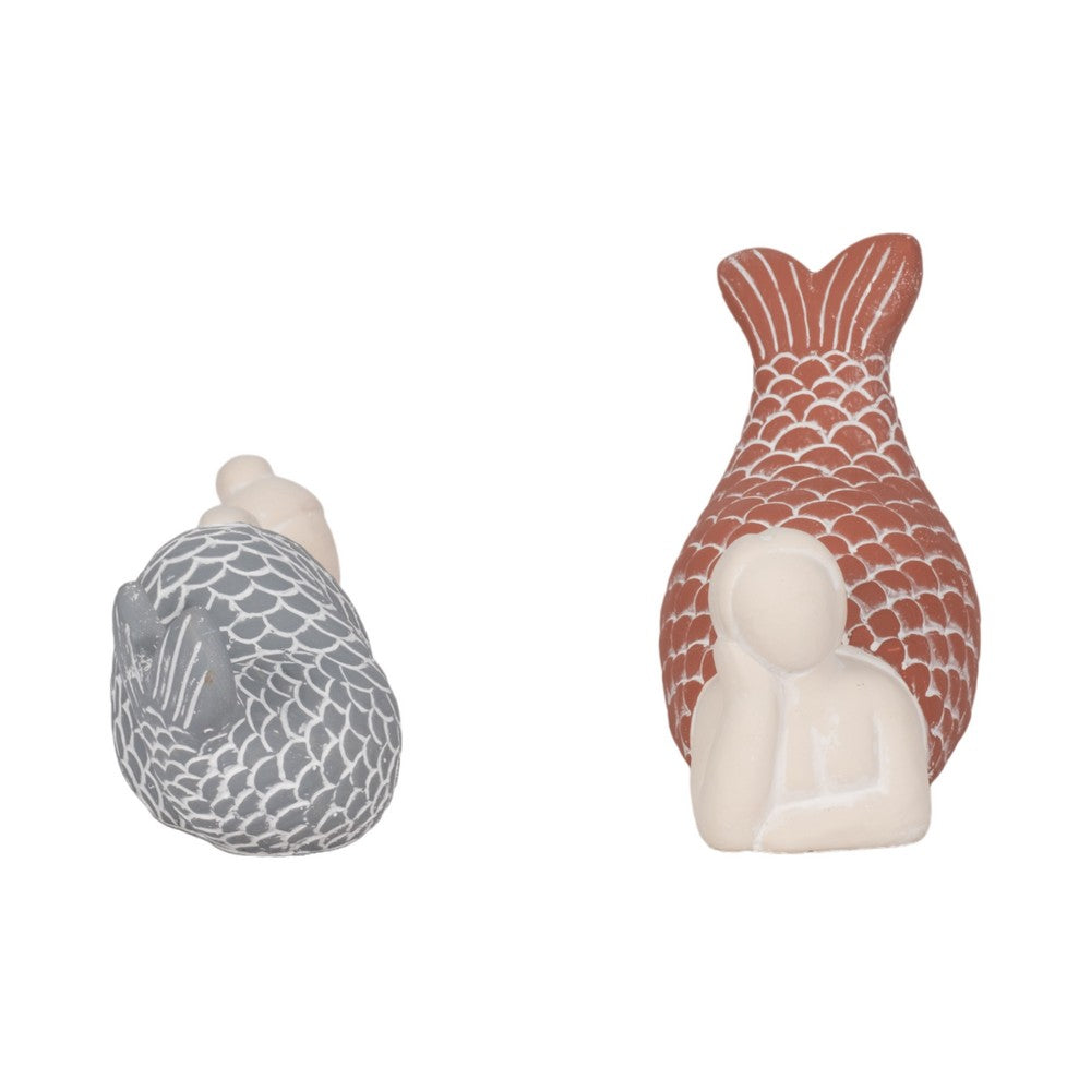 Svena Mermaid Figurines Set of 2 | Red-Blue Tails | White Cement 8 & 7"