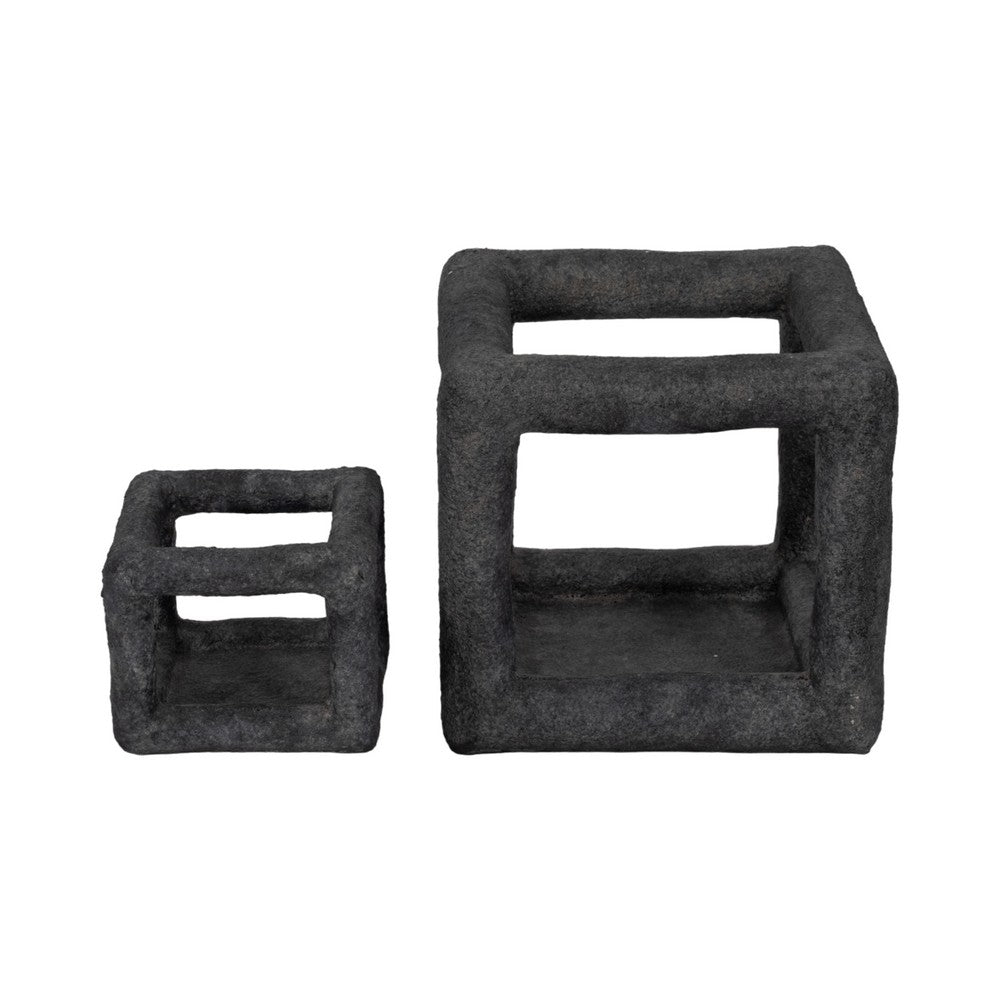 Modern Geometric Open Square Sculpture | 6" Black Textured Cement