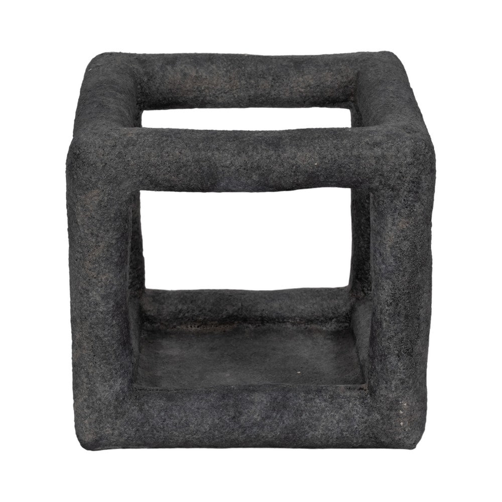 Modern Geometric Sculpture Open Cube | 10" Black Textured Cement