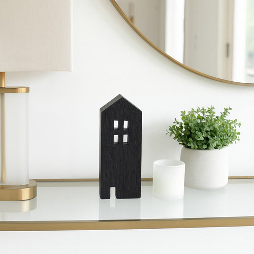 8" Accent Decorative House w Cut Out Windows | Black Wood Figurine
