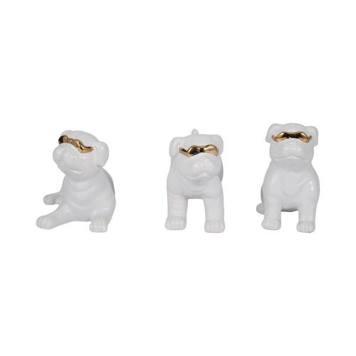 Decorative Pug Dog Figurines with Sunglasses Set of 3 | White Ceramic Finish