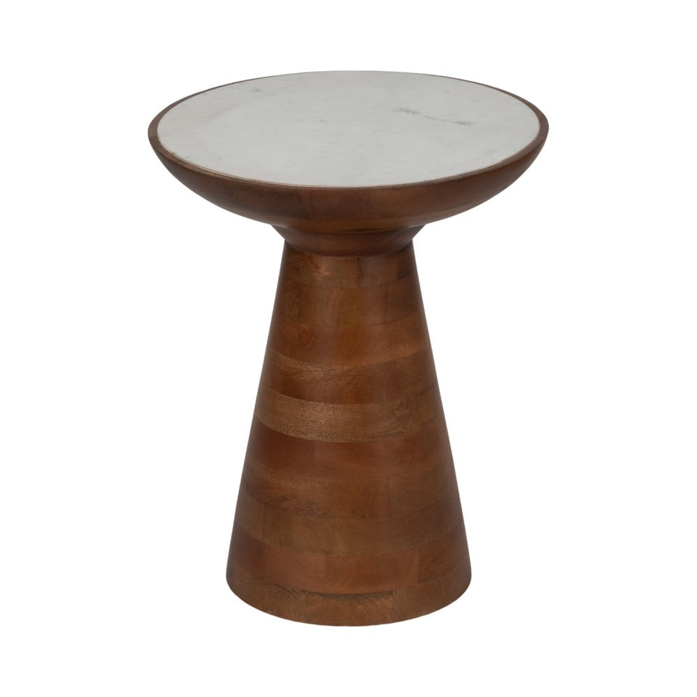 Accent Table | 20" Tall | Round White Marble Top | Brown Wood Tapered Base