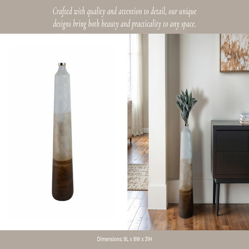 31" Tall Floor Vase | Cylinder Shape | White & Gold Ombre Finish