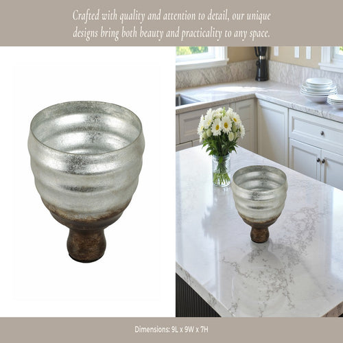Ribbed Pedestal Decor Bowl | Silvertone & Brown Metallic Ombre Finish | 9" Glass