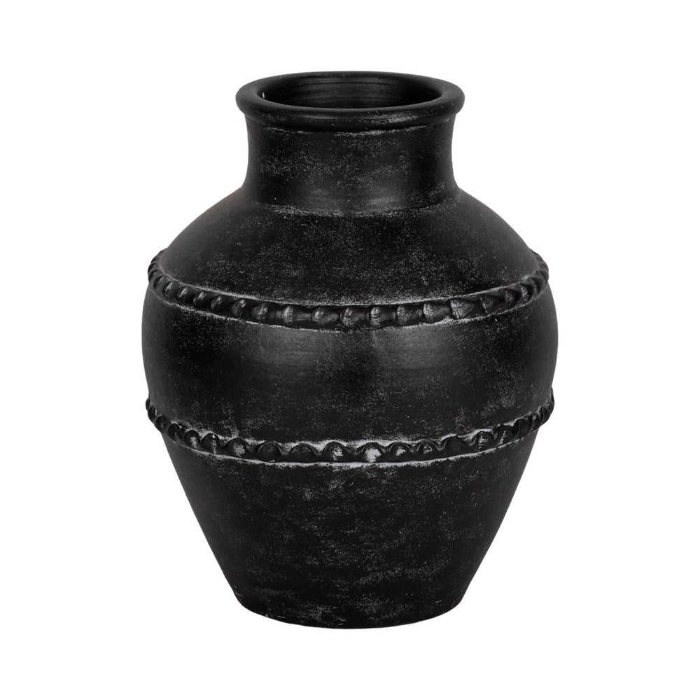 Traditional Flower Vase | Classic Textured Bands | 12" Black Terracotta