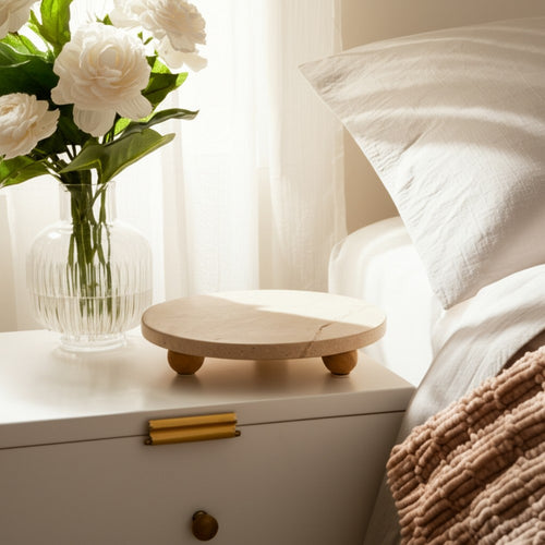 Decorative Tray | Wood Ball Feet | 10" Round Tan Travertine for Tabletop