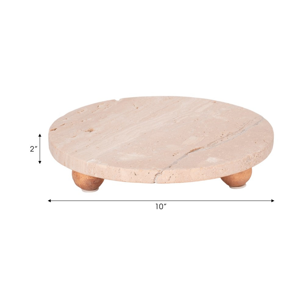 Decorative Tray | Wood Ball Feet | 10" Round Tan Travertine for Tabletop