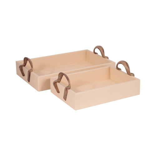 Wood Runner Tray Set of 2 | Bronze Forged Handle | Ivory Faux Leather
