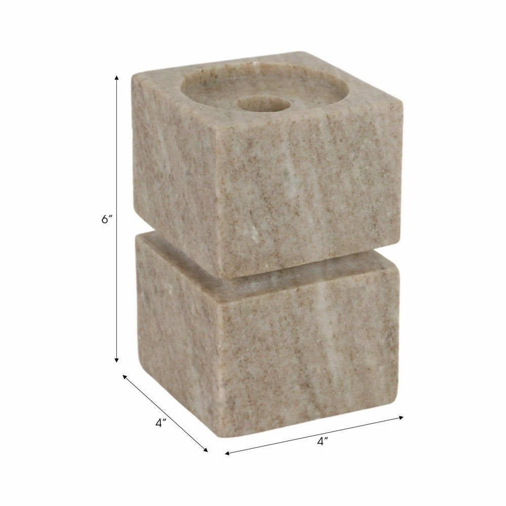 Pillar Candle Holder | 2 Cubes | 6" Ivory and Tan Finish Onyx Marble 6"