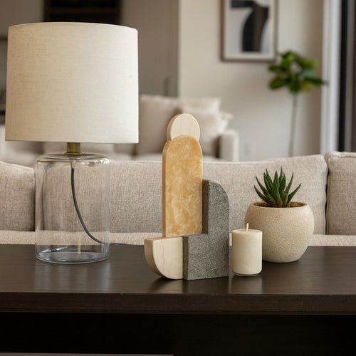 Decorative Sculpture | Abstract Geometric | Gray & Gold | Onyx & Marble