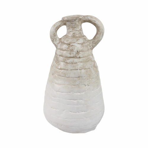 Slanted Amphora Vase with Ear Handles | Ivory Beige Ribbed Terracotta 18"