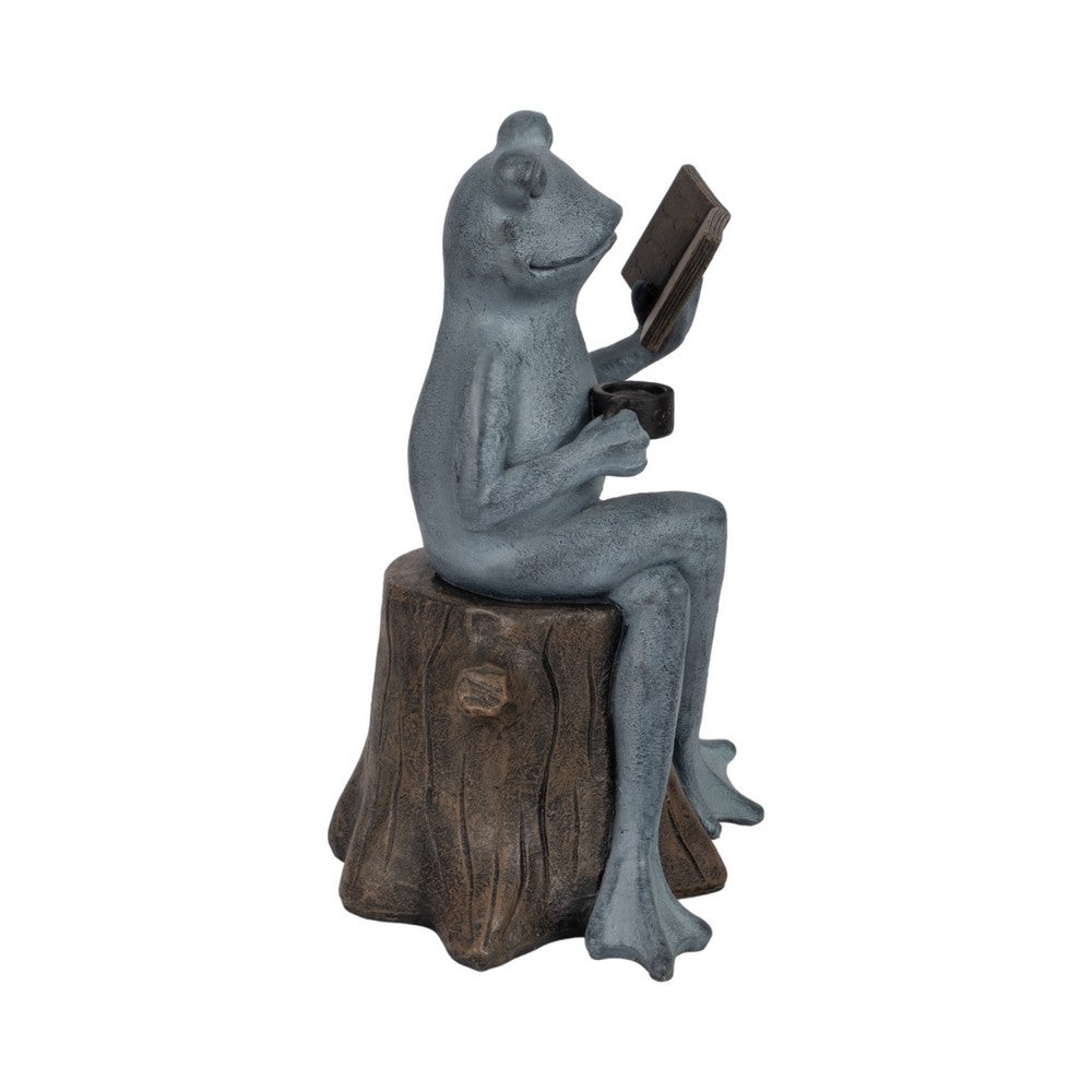 Frog on Stump Figurine with Book & Teacup | Gray Brown Polyresin 13"
