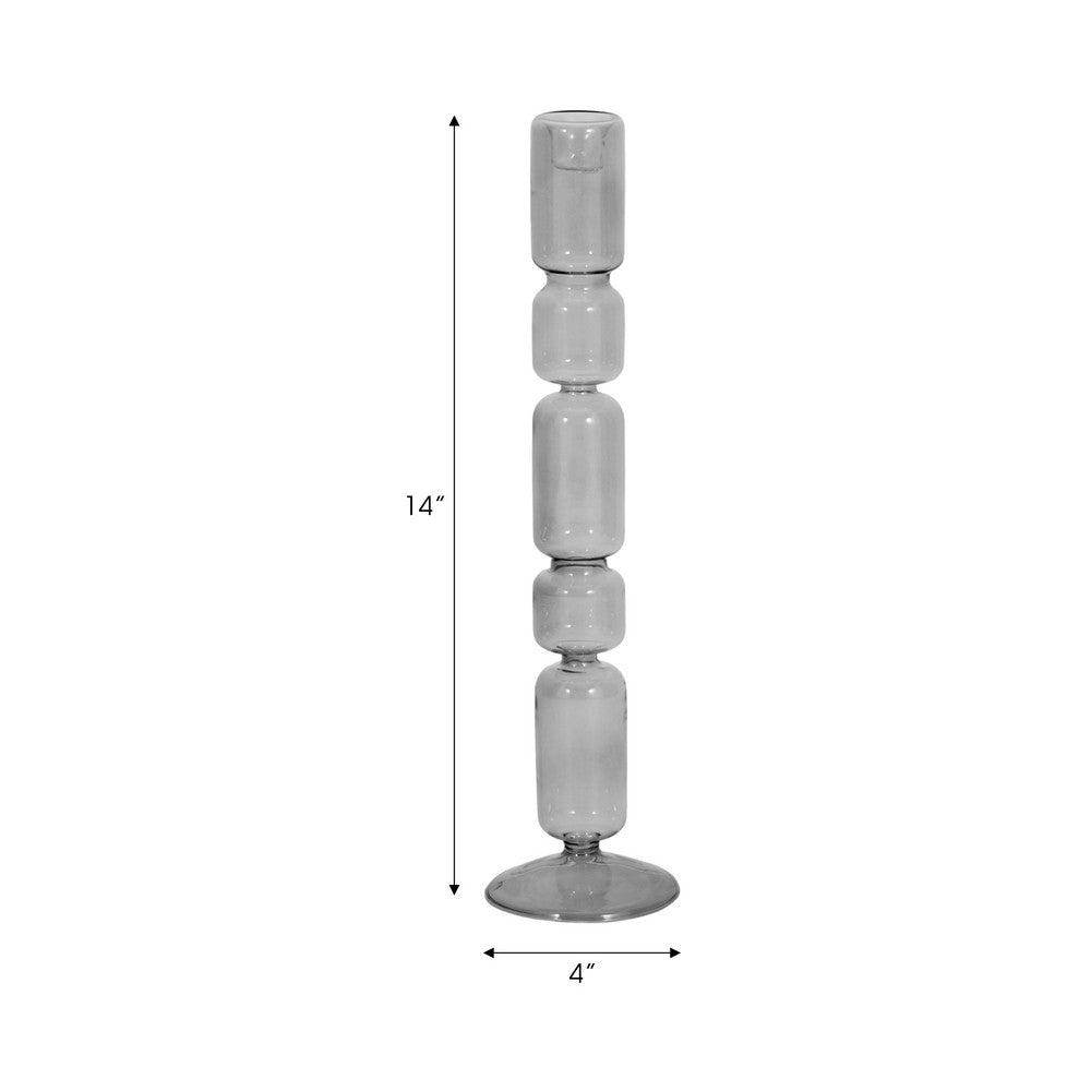 Taper Candle Holder | Stacked Bubble Accent | 14" Clear Black Glass