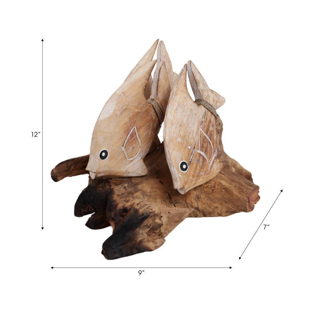 Decorative Swimming Fish on Branch Sculpture | Carved Brown Wood | 12"