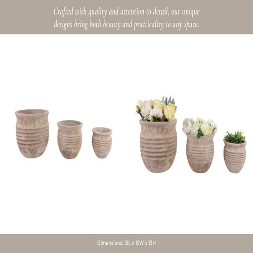 Outdoor Planter Set of 3 | Bowl Shape | Ribbed Antique White Terracotta