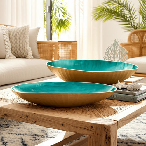 Decorative Oval Bowl Set of 2 | Handcrafted Gold & Blue Metal & Enamel