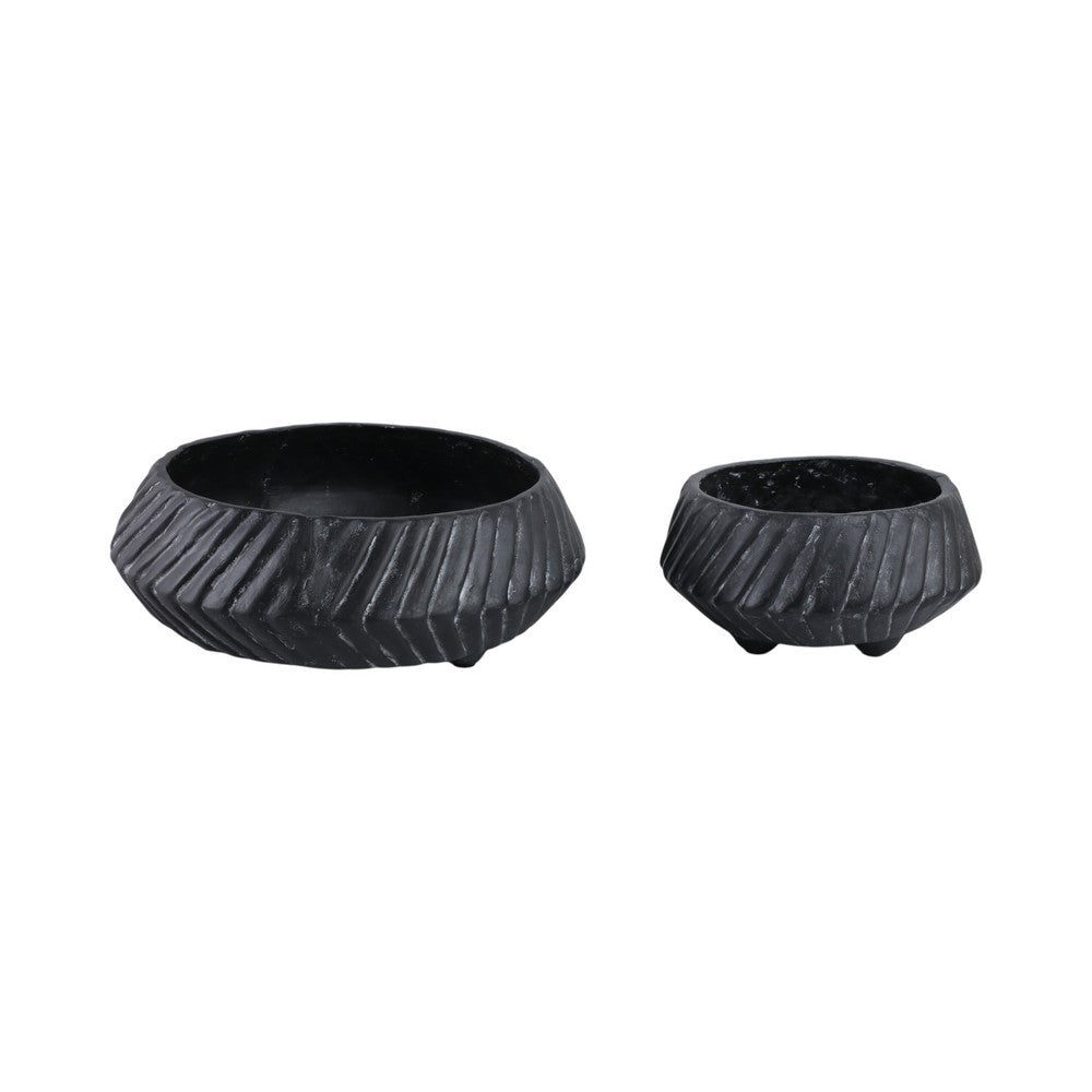 Decorative Bowl Set of 2 | Tapered Shape & Lined Textured | Black Ecomix