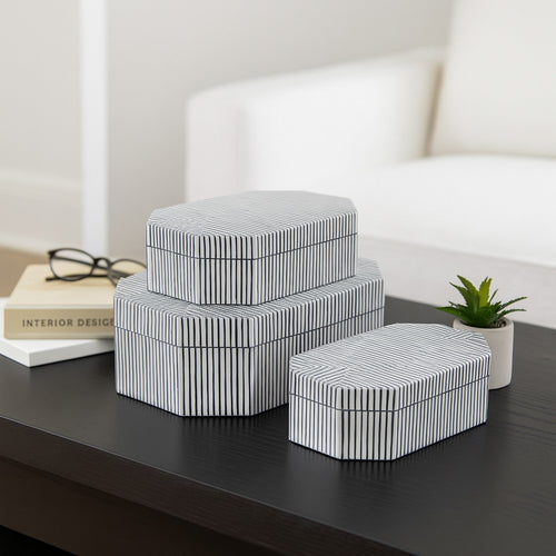 Trinket Box Set of 3 | Octagon Shaped Black Grooved Lines on White Resin