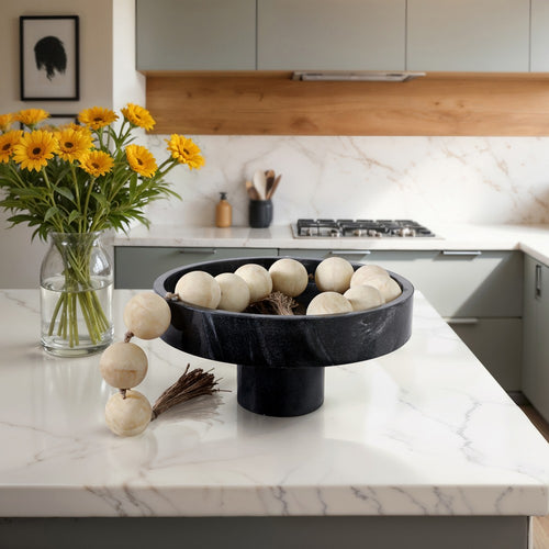 Round Decorative Bowl | 12"| Pedestal Design | Black Marble