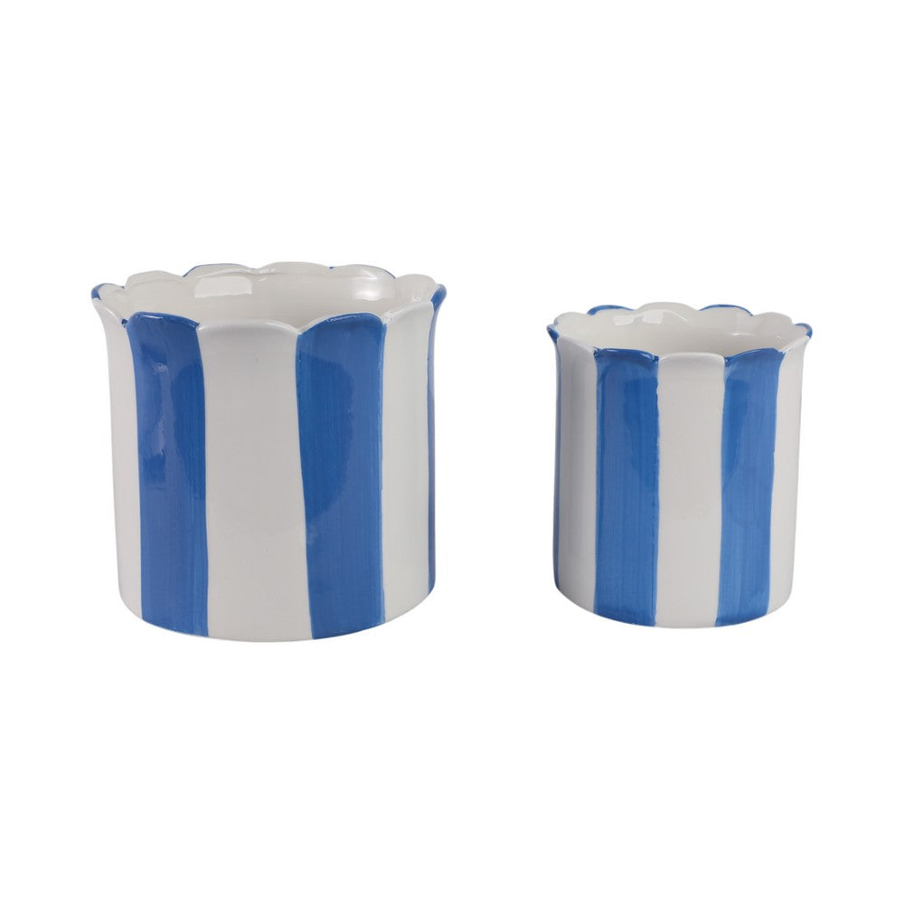 Decorative Garden Planter Set of 2 | Blue White Striped Scalloped Edges