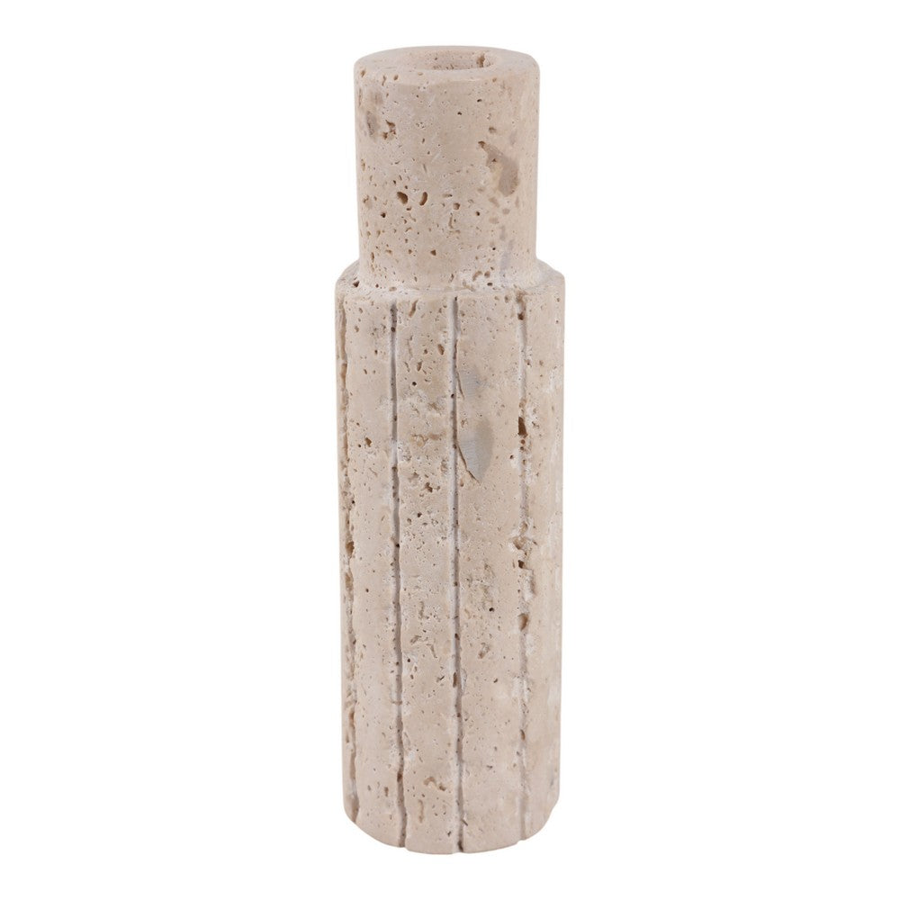 Raw Edge Candle Holder | Fluted Travertine Stone | Tan & Ivory 7"