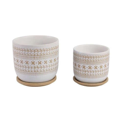 Garden Planters with Saucers Set of 2 | Brown White Ceramic | 6,8"