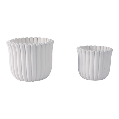 Fluted Planter Set of 2 | Modern Scalloped Edges | White Cement 6 8"