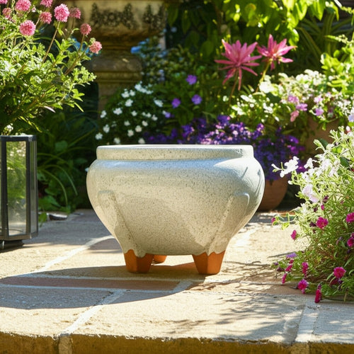 10" Outdoor Footed Planter | Round Shaped Speckled White Terracotta
