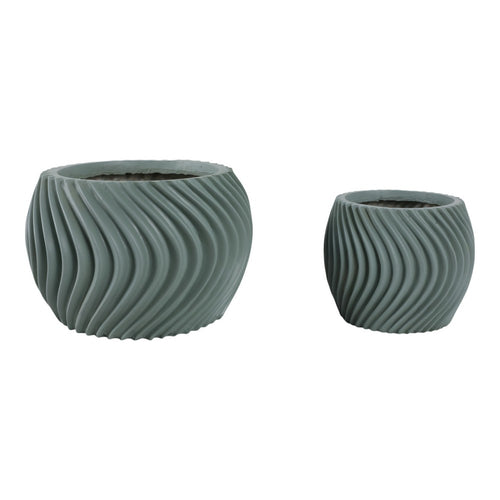 Kime Outdoor Planter Set of 2 | Sculpted Ribbed Wave Pattern | Sage Green