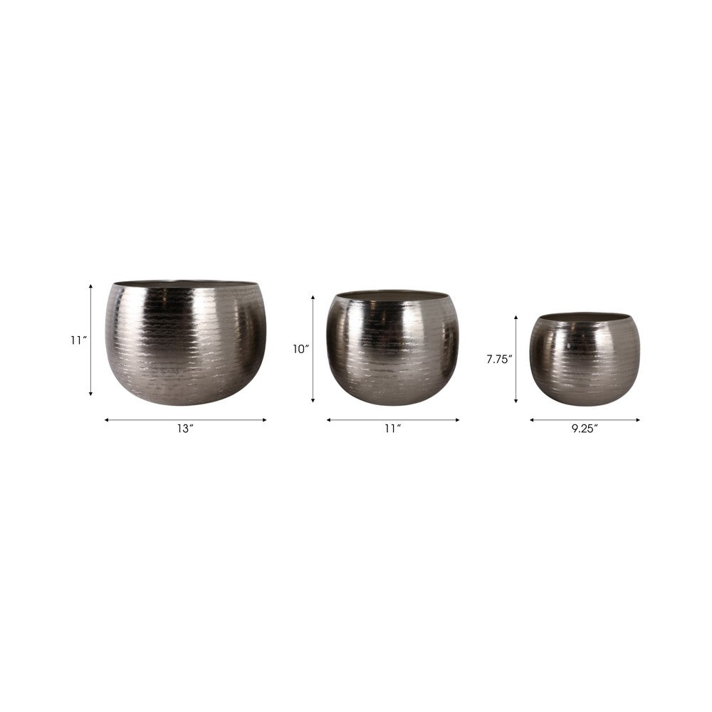 3pc Outdoor Garden Planters | Silver Hammered Finish | 9 | 12 | 14"
