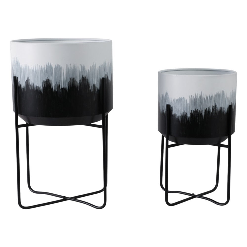 Outdoor Decorative Planters Set of 2 | White Brushstrokes Art | Black Iron