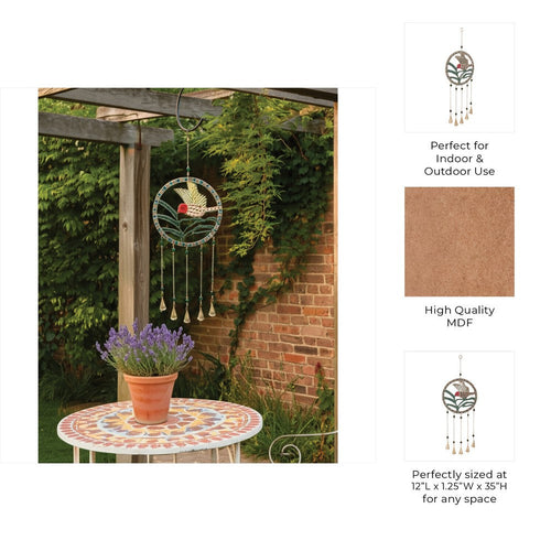 Hanging Wind Chime | Beaded Mosaic Hummingbird | Green Wood | Gold Bells