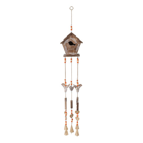 Decorative Birdhouse Wind Chime | Beaded & Bell Accent | 38" Brown