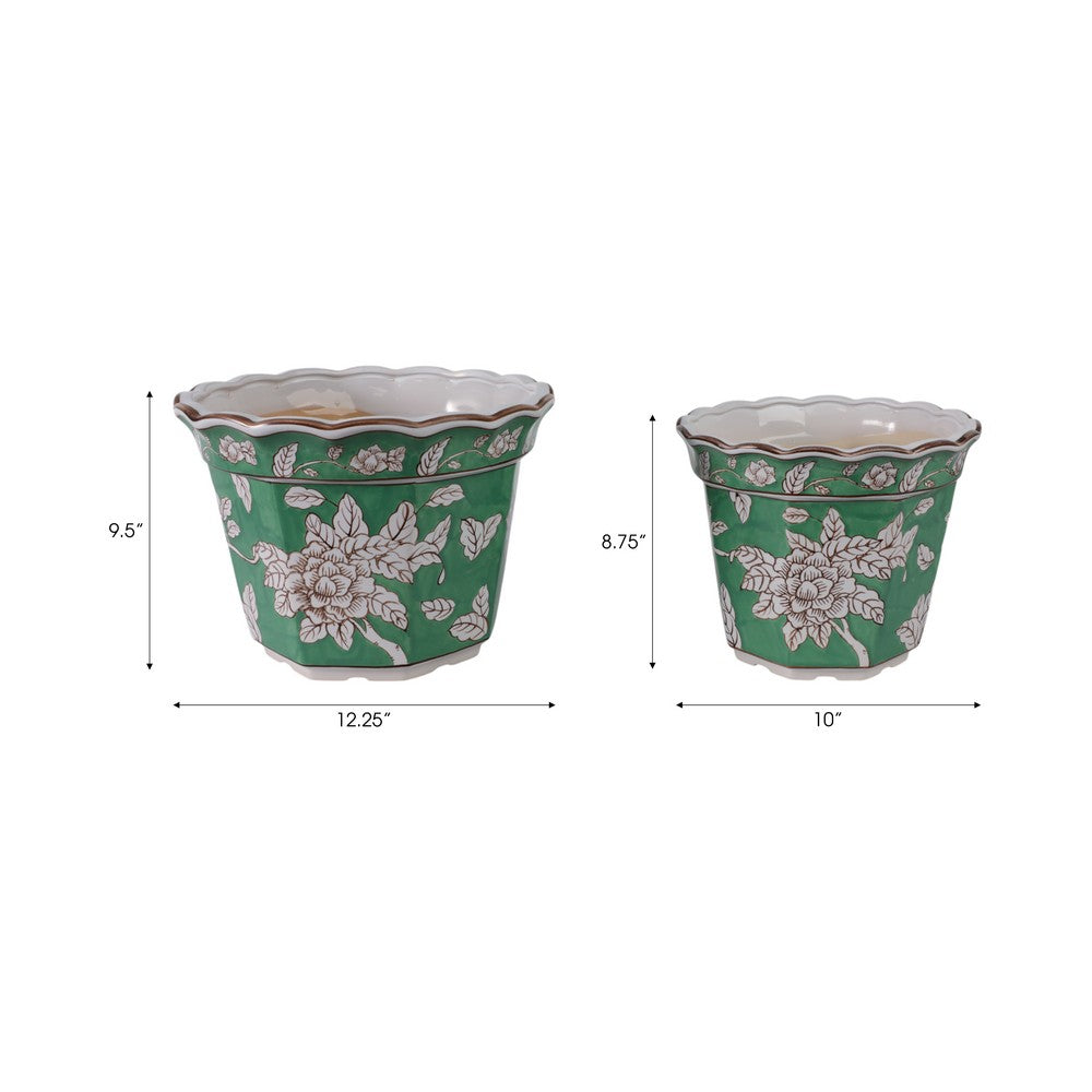Planter Set of 2 | Handpainted Floral | Scallop Rim | Green Ceramic 10 12"