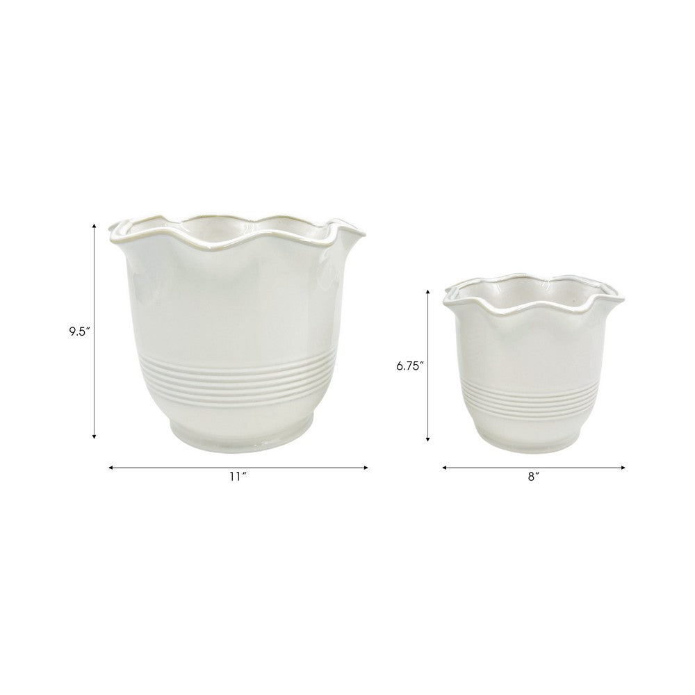 Outdoor Planters Set of 2 | Scalloped Ruffle Rim, Ivory | 8, 11"
