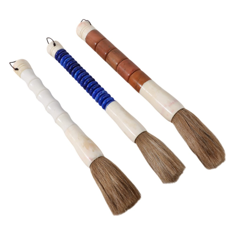 Decorative Set of 3 Jade Style Calligraphy Brushes | Stone Ivory Blue Brown