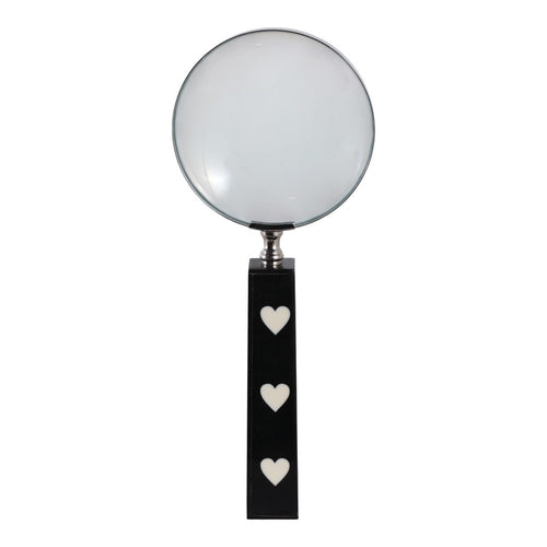 Edara Decorative Magnifying Glass | White Heart Inlays | Black Resin 10"