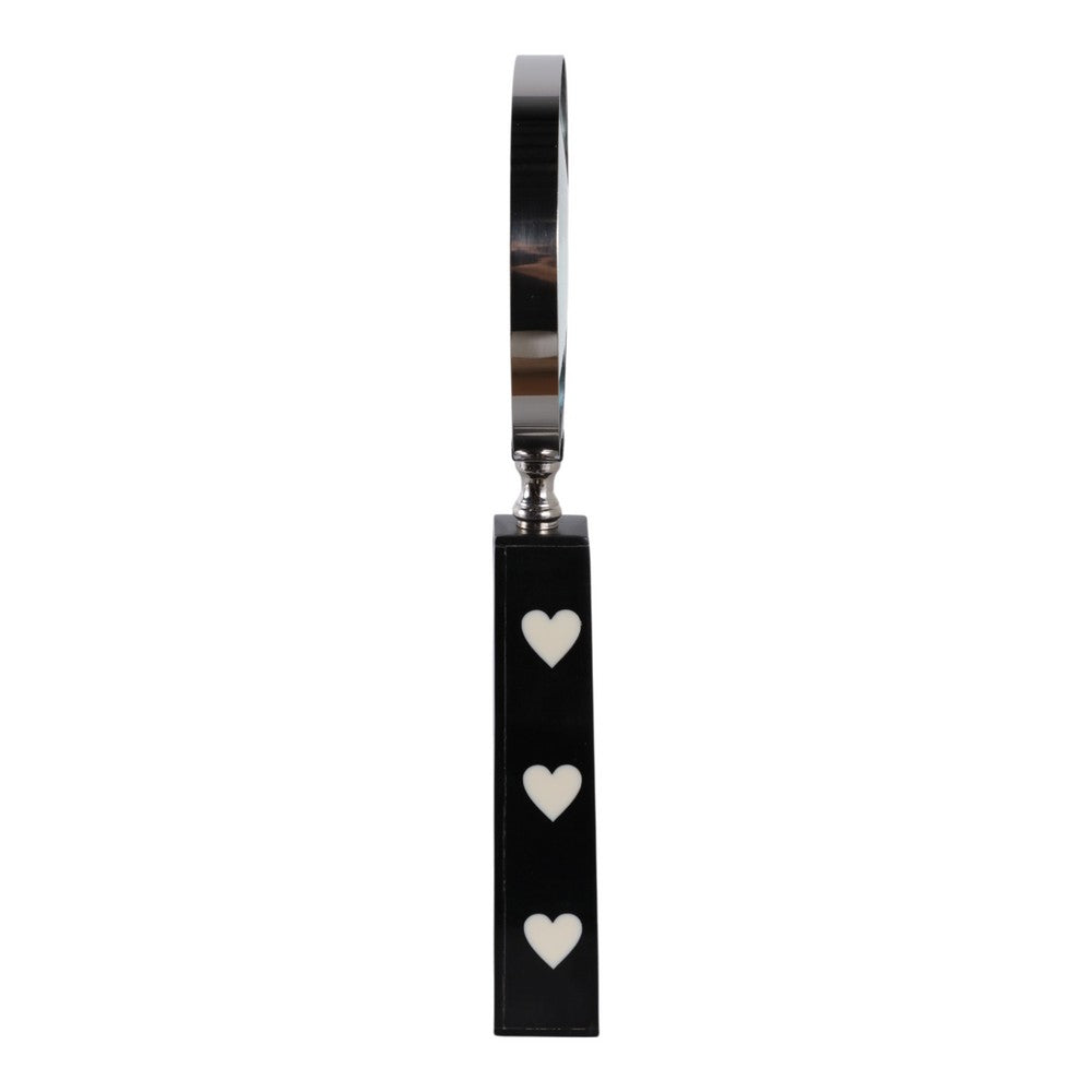 Edara Decorative Magnifying Glass | White Heart Inlays | Black Resin 10"