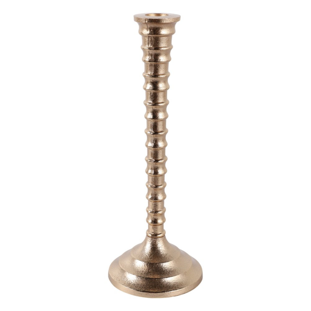 Decorative Taper Candle Holder | Classic Gold Metal Stacked Design 11"