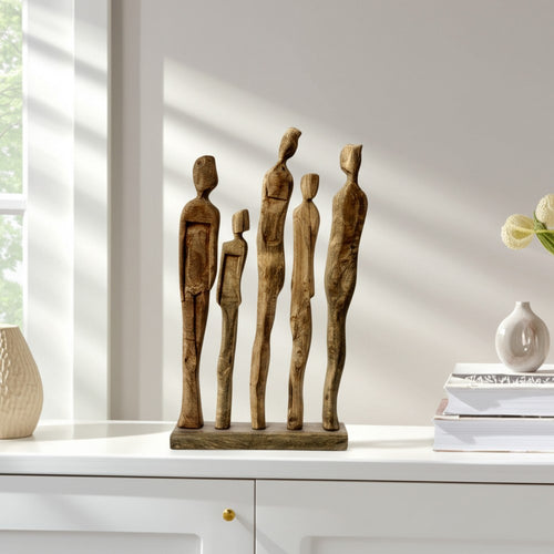 Decorative Sculpture | Standing Human Figures on Base | Natural Brown Wood