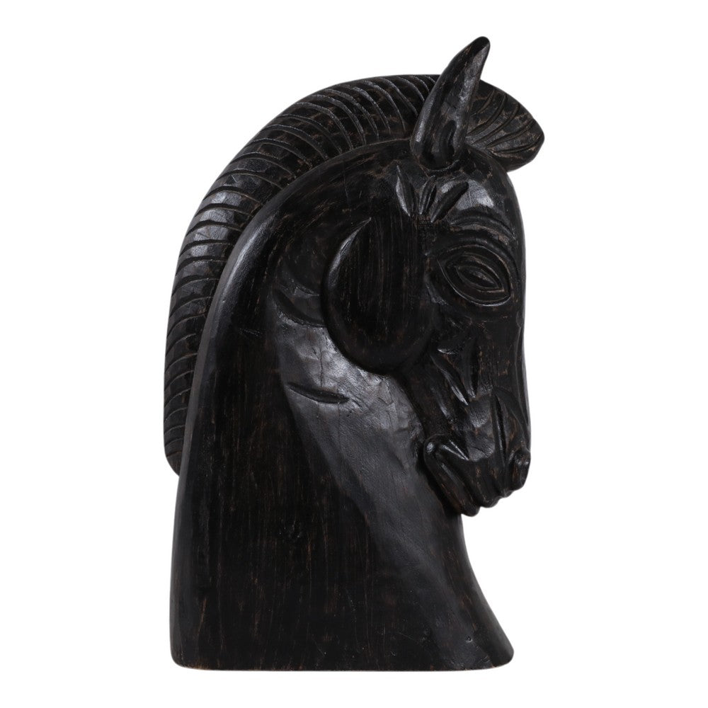 Elegant Trojan Horse Head Figurine | Antique Style Black Wood | 16"